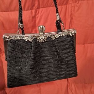 Kate Landry Black Woven Mini Bag with Silver Accents